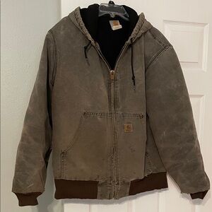 Carhartt Classic Tan Hooded Distressed Canvas Bomber Jacket size Men’s Large